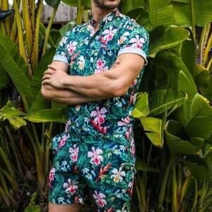 RomperJack Tropical Hawaiian Hibiscus Print Romper Shorts Jumpsuit Size Large